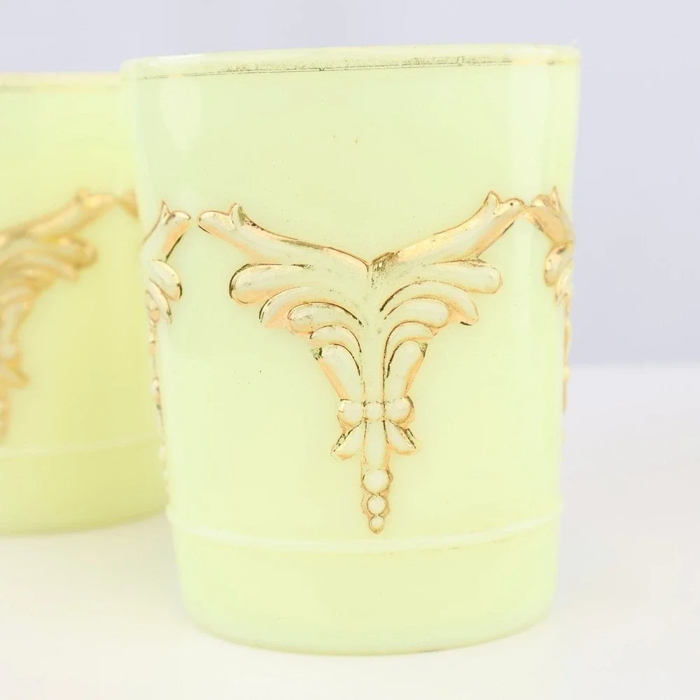 Vintage Heisey Winged Scroll Uranium Glass Tumblers Set of 3 Gold Gilt Cups
